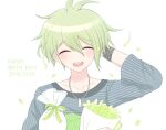  1boy 8takenokonosato8 :d amami_rantarou bangs blush closed_eyes collarbone commentary_request danganronpa_(series) danganronpa_v3:_killing_harmony earrings facing_viewer green_eyes green_hair green_ribbon hand_up happy_birthday holding jewelry long_sleeves male_focus necklace open_mouth petals ribbon shiny shiny_hair shirt short_hair simple_background smile solo striped striped_shirt upper_body upper_teeth white_background 