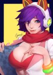  1girl :q blue_eyes border bra breasts cat_ear_headphones cleavage headphones highres jacket large_breasts looking_at_viewer open_clothes open_jacket original purple_border purple_hair red_bra short_hair signature smile solo sparrowl tongue tongue_out two-sided_fabric two-sided_jacket underwear upper_body white_jacket wristband yellow_background 