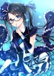  1girl bangs black_hair blue_dress blue_eyes blue_theme blush bow breasts dress eyebrows_visible_through_hair finger_to_mouth floating_clothes floating_hair frills glasses hair_ornament hat highres hiiragi_kei idolmaster idolmaster_shiny_colors long_hair looking_at_viewer medium_breasts mitsumine_yuika sidelocks skirt sleeveless smile solo twintails 