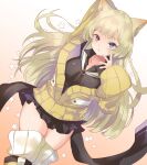  1girl animal_ears arknights black_dress blonde_hair cat_ears dress eyebrows_visible_through_hair finger_to_cheek heterochromia long_sleeves nightmare_(arknights) open_mouth pleated_dress sailor_collar sailor_dress short_dress solo star_(symbol) sweater thighhighs thighs umeazuki white_sailor_collar yellow_sweater 