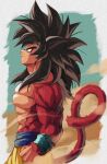  bangs bare_pecs biceps black_hair body_fur closed_mouth debris dragon_ball dragon_ball_gt dust dust_cloud from_side highres looking_up monkey_boy monkey_tail no_nipples pants profile red_fur relio_db318 simple_background smile solo son_goku spiked_hair standing super_saiyan super_saiyan_4 tail yellow_pants 