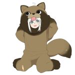  1girl :d ahoge animal_costume arms_up bandaid bangs braid fang full_body green_eyes hair_between_eyes highres hololive long_hair looking_at_viewer okunin open_mouth shirakami_fubuki side_braid simple_background sitting smile solo star_(symbol) tanuki_costume virtual_youtuber white_background white_hair 