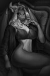  2:3 anthro aurelia_(unbeholden) bedroom_eyes big_breasts black_and_white bottomless bra breasts clothed clothing curvy_figure dragon ear_piercing female hi_res hourglass_figure lingerie looking_at_viewer monochrome narrowed_eyes partially_clothed piercing raised_leg seductive sitting slim smooth_horn solo underwear yasmil 