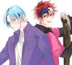  2boys :d blue_eyes blue_hair blush brown_eyes headband hood hood_down kyan_reki langa_hasegawa looking_at_viewer male_focus multiple_boys open_mouth pink_shirt red_hair shirt short_hair simple_background sk8_the_infinity skateboad sksayuu smile standing upper_body white_background white_shirt 