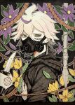  1boy bandaid bandaid_on_face bandaid_on_hand bangs brown_jacket commentary_request danganronpa_(series) danganronpa_2:_goodbye_despair flower flower_request from_side gas_mask green_eyes grey_shirt hair_between_eyes highres holding holding_knife holding_weapon hood hood_down jacket knife komaeda_nagito kuma_no_(y6lnv) letterboxed looking_at_viewer male_focus mask open_clothes open_jacket polearm rope shirt short_hair solo spear upper_body weapon 