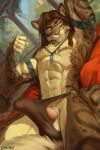  2021 anthro balls bottomwear bulge chunie claws clothed clothing detailed_background digital_media_(artwork) erection erection_under_clothing felid fur genitals hair hi_res humanoid_genitalia humanoid_penis inside jewelry loincloth looking_aside lying male mammal morning_wood muscular muscular_anthro muscular_male on_back one_eye_closed pantherine penis smile snow_leopard solo spots taj_(kman) 
