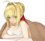  1girl ahoge akamakoto bangs bare_shoulders bed_sheet blonde_hair blush bra braid breasts cleavage collarbone fate/extra fate_(series) french_braid green_eyes hair_between_eyes hair_bun hair_intakes large_breasts long_hair looking_at_viewer lying nero_claudius_(fate) nero_claudius_(fate)_(all) on_stomach open_mouth underwear white_bra 