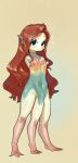  3_legs 3_toes amabie armless asian_mythology beak bubble ear_frill east_asian_mythology feet female fin_ears frill_(anatomy) hair japanese_mythology long_hair marine merfolk meziro001 multicolored_body mythology pseudo_clothing red_hair scales simple_background solo standing toes yōkai 