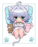  1girl absurdres animal_ear_fluff animal_ears bear blush bunny cat_ears cat_girl cat_tail chibi clothes_writing collar commentary_request earrings eyebrows_visible_through_hair grey_hair highres jewelry looking_at_viewer lying mole mole_under_mouth ngetyan on_back original oversized_clothes panties paw_pose paw_print pillow print_pillow renge_(ngetyan) short_hair solo spiral star_(symbol) striped striped_panties stuffed_animal stuffed_toy sweater tail translation_request underwear 
