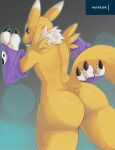  3_fingers absurd_res ambiguous_gender anthro butt clothing digimon digimon_(species) dipstick_ears fingers fur gloves handwear hi_res huka multicolored_ears nude raised_tail renamon solo yellow_body yellow_fur 