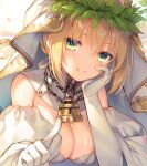  1girl arm_support bare_shoulders blonde_hair blush breasts chain cleavage closed_mouth dress elbow_gloves fate/extra fate_(series) gloves green_eyes hair_bun hand_up head_rest large_breasts laurel_crown lock looking_at_viewer nero_claudius_(fate) nero_claudius_(fate)_(all) smile solo toosaka_asagi veil white_dress white_gloves 