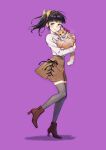  1girl absurdres animal bangs black_hair blunt_bangs blush brown_footwear brown_skirt butterfly_hair_ornament cat contemporary full_body grey_legwear hair_ornament high_heels highres holding holding_animal holding_cat kimetsu_no_yaiba leg_up long_hair long_sleeves looking_at_viewer piroshiki123 purple_background purple_eyes shadow shirt shirt_tucked_in side_ponytail signature simple_background skirt smile solo standing thighhighs tsuyuri_kanao white_shirt 