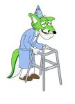  anthro birthday birthday_hat black_nose blakefox canid canine clothed clothing digital_media_(artwork) family_guy fidget_the_fox fox fur gift green_body green_eyes green_fur hair happy_birthday herbert_the_pervert hi_res male mammal old signature simple_background smile solo walker white_body white_fur 