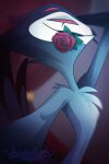  4_eyes anthro avian bird demon feathers flower flower_in_mouth hand_behind_head helluva_boss male multi_eye nude owl plant red_eyes rose_(flower) rose_in_mouth selfie solo stolas_(vivzmind) tail_feathers umbreeunix watermark white_face 