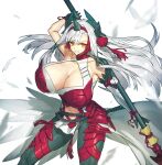  1girl armor breasts cleavage cleavage_cutout clothing_cutout collarbone detached_sleeves eyebrows_visible_through_hair fate/grand_order fate_(series) feathers gloves hair_between_eyes hair_ornament headband highres holding holding_weapon huge_breasts kiichi_hougen_(fate) large_breasts long_hair melon22 navel_cutout polearm red_armor single_detached_sleeve skin_tight solo spear very_long_hair weapon white_background white_hair yellow_eyes 