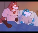  anthro argo_(knights_college) bed black_bars canid canine diederich_olsen_(knights_college) duo furniture kemmuono knights_college letterbox male male/male mammal sleeping smile 