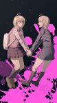  2girls absurdres ahoge akamatsu_kaede backpack bag bangs black_background black_footwear black_legwear black_shirt black_skirt blonde_hair blood blood_splatter blush brown_footwear closed_eyes danganronpa_(series) danganronpa_v3:_killing_harmony dangyu_(danganpa) dual_persona eighth_note facing_another hair_ornament highres holding_hands kneehighs long_hair long_sleeves looking_at_another miniskirt multiple_girls musical_note musical_note_hair_ornament necktie open_mouth orange_neckwear pink_blood pink_vest pleated_skirt profile randoseru sailor_collar school_uniform shaded_face shirt shoes skirt smile sweatdrop vest white_bag white_shirt 