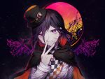  1boy alternate_costume bangs black_background black_cape black_hair black_headwear cape checkered checkered_neckwear commentary_request danganronpa_(series) danganronpa_v3:_killing_harmony fake_wings fang fangs finger_to_mouth goto_(sep) hair_between_eyes hat head_tilt hood hooded_cape jacket long_fingers long_sleeves looking_at_viewer male_focus mini_hat mini_top_hat multicolored multicolored_background orange_background ouma_kokichi purple_eyes purple_hair red_background red_cape shiny shiny_hair short_hair smile solo top_hat upper_body v white_jacket wing_print wings 