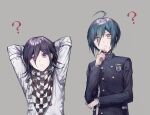  2boys ? ahoge arms_behind_head bangs black_jacket blue_hair checkered checkered_neckwear checkered_scarf closed_mouth commentary_request danganronpa_(series) danganronpa_v3:_killing_harmony eyebrows_visible_through_hair eyes_visible_through_hair gakuran goto_(sep) grey_background hair_over_one_eye hand_on_own_chin jacket long_sleeves looking_at_viewer male_focus messy_hair multiple_boys ouma_kokichi pale_skin purple_eyes saihara_shuuichi scarf school_uniform simple_background spoken_question_mark straitjacket upper_body vertical-striped_jacket white_jacket 