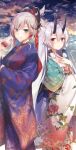  2girls blue_kimono blush closed_mouth cloud cloudy_sky collaboration commentary_request day eyebrows_visible_through_hair eyes_visible_through_hair fate/grand_order fate_(series) floral_print hair_between_eyes hand_on_own_chest highres holding horns japanese_clothes kimono komeshiro_kasu long_hair long_sleeves looking_at_viewer miyamoto_musashi_(fate/grand_order) multiple_girls obi oni_horns outdoors red_eyes sash silver_hair sky smile standing tied_hair tomoe_gozen_(fate/grand_order) toosaka_asagi very_long_hair wide_sleeves 