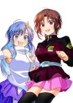  2girls absurdres armpit_peek bangs blue_eyes blue_hair breasts brown_hair clenched_hand colored_inner_hair cosplay detached_sleeves eyebrows_behind_hair feather_hair_ornament gundam gundam_seed gundam_seed_destiny hg_ni_koisuru_futari highres kanzaki_sayaka_(hg_ni_koisuru_futari) kudou_makoto lacus_clyne lacus_clyne_(cosplay) looking_at_viewer lunamaria_hawke lunamaria_hawke_(cosplay) medium_breasts military military_uniform multicolored_hair multiple_girls open_mouth pink_skirt purple_skirt red_eyes red_hair short_hair skirt smile takamiya_sora uniform white_background 