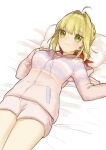  1girl ahoge akamakoto bangs blonde_hair blush braid breasts fate/extra fate_(series) french_braid green_eyes hair_between_eyes hair_bun hair_intakes large_breasts long_hair long_sleeves looking_at_viewer lying nero_claudius_(fate) nero_claudius_(fate)_(all) on_back pillow shorts smile sweater thighs 