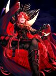  1girl armored_boots black_bodysuit bodysuit boots cape collared_cape family_crest fate/grand_order fate_(series) hair_over_one_eye hieno_hiro highres oda_nobunaga_(fate)_(all) oda_nobunaga_(maou_avenger)_(fate) oda_uri popped_collar red_cape red_eyes red_hair smile solo 