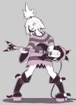  1girl bass_guitar boots bra_strap dress flat_chest forehead gym_leader hair_bobbles hair_ornament highres instrument kurovah music platform_boots pokemon pokemon_(game) pokemon_bw2 roxie_(pokemon) shadow singing solo standing strapless strapless_dress striped striped_dress topknot 