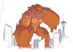  2021 abs anthro ape breasts brown_body brown_fur building city cityscape conditional_dnp empty_eyes featureless_breasts female fur gorilla haplorhine jollyjack kaiju mammal muscular muscular_arms muscular_female muscular_thighs open_mouth orange_body orange_fur primate restricted_palette skyscraper solo teeth white_eyes 