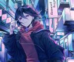  1boy :3 alternate_costume bangs black_hair black_jacket closed_mouth commentary_request danganronpa_(series) danganronpa_v3:_killing_harmony earphones earrings goto_(sep) hair_between_eyes hand_up highres holding holding_earphones hood hood_down hoodie jacket jewelry long_sleeves looking_at_viewer male_focus open_clothes open_jacket ouma_kokichi outdoors pink_hoodie purple_eyes short_hair solo translation_request upper_body 