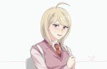  1girl ahoge akamatsu_kaede backpack bag bangs blonde_hair blush breasts danganronpa_(series) danganronpa_v3:_killing_harmony dangyu_(danganpa) eighth_note hair_ornament heart highres long_hair long_sleeves looking_at_viewer musical_note musical_note_hair_ornament necktie open_mouth orange_neckwear pink_vest purple_eyes school_uniform shirt simple_background skirt smile solo sweatdrop sweater_vest upper_body upper_teeth vest white_shirt 