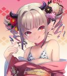  1girl :q animal_print bare_shoulders bikini blush collar commentary_request cow_print demon_girl demon_horns drill_hair eyebrows_visible_through_hair flat_chest flower grey_hair hair_flower hair_intakes hair_ornament horns japanese_clothes kanzashi kimono kimono_pull makaino_ririmu multicolored_hair nail_polish nijisanji obi pink_kimono pointy_ears red_collar red_eyes red_hair sabamen sash sidelocks solo swimsuit tongue tongue_out twin_drills upper_body virtual_youtuber wide_sleeves 