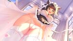  1girl :d aqua_nails azur_lane bangs black_hair blue_eyes blunt_bangs breasts cameltoe cheshire_(azur_lane) cleavage commentary_request dutch_angle eyebrows_visible_through_hair fang frilled_legwear from_below garter_belt garter_straps highres indoors laoan large_breasts legs lifted_by_self lingerie maid maid_headdress multicolored_hair nail_polish open_mouth panties sidelocks skin_fang skirt skirt_lift smile streaked_hair thighhighs thighs underwear white_legwear window 