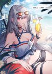  1girl ahoge arknights beach black_choker black_shorts blue_sky bow breasts choker cleavage cloud cloudy_sky commentary coyucom criss-cross_halter cropped_shirt cup day drink drinking_glass drinking_straw english_commentary expressionless eyewear_on_head food fruit groin hair_between_eyes halterneck holding holding_drink infection_monitor_(arknights) large_breasts lemon lemon_slice long_hair looking_at_viewer midriff navel ocean off-shoulder_shirt off_shoulder outdoors polka_dot polka_dot_bow red_eyes shirt short_shorts shorts silver_hair sitting skadi_(arknights) skadi_(riding_waves)_(arknights) sky solo straight_hair sunglasses thigh_strap tinted_eyewear very_long_hair white_shirt wine_glass 