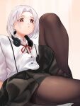  1girl black_legwear blush headphones headphones_around_neck highres original pantyhose red_eyes short_hair sitting skirt solo white_hair wuguno_ziran_juan 