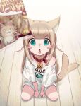  +_+ 1girl 40hara absurdres afterimage animal_collar animal_ear_fluff animal_ears aqua_eyes bangs blonde_hair blurry_foreground blush_stickers cat_ears cat_tail collar eyebrows_visible_through_hair highres kinako_(40hara) long_hair looking_at_viewer motion_lines open_mouth original red_collar sitting solo sparkling_eyes tail tail_wagging wariza 