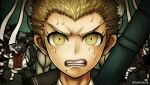  1boy 1girl artist_name blonde_hair braid brown_eyes clenched_teeth commentary_request danganronpa_(series) danganronpa_2:_goodbye_despair face freckles gun holding holding_gun holding_weapon jacket komatsuzaki_rui_(style) kuzuryuu_fuyuhiko looking_at_viewer male_focus mole mole_under_mouth monokuma official_style pekoyama_peko short_hair solo_focus sunglasses sweat teeth torimeshi_(shiroichi) twin_braids very_short_hair weapon what_if white_jacket 