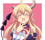  1girl :d ^_^ ahoge bangs bare_shoulders blonde_hair border broken_horn closed_eyes commentary demon_girl demon_horns demon_tail detached_collar detached_sleeves eyebrows_visible_through_hair facing_viewer fang hand_up highres horns lilith_(machikado_mazoku) long_hair machikado_mazoku neck_ribbon open_mouth outside_border pink_background pointy_ears red_ribbon ribbon shiny shiny_hair simple_background skin_fang smile solo tail tail_raised tearing_up upper_body white_border zeta_(24904340) 