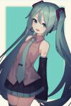  1girl :d absurdres aqua_eyes aqua_hair aqua_neckwear blurry blurry_background collared_shirt detached_sleeves grey_shirt hatsune_miku highres long_hair necktie open_mouth pleated_skirt shiratakiseaice shirt simple_background skirt smile solo thighhighs tie_clip twintails vocaloid 