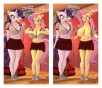  3d_(artwork) anthro anthrofied anthroponiessfm big_breasts bottomwear breasts cleavage clothed clothing digital_media_(artwork) duo english_text equid equine female fluttershy_(mlp) friendship_is_magic hasbro hi_res horn huge_breasts mammal my_little_pony nipples open_clothing open_topwear rarity_(mlp) school_uniform skirt text topwear unicorn uniform 
