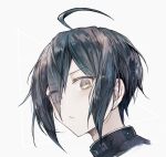  ahoge bangs black_hair blush brown_eyes closed_mouth commentary_request danganronpa_(series) danganronpa_v3:_killing_harmony eyes_visible_through_hair face frown goto_(sep) grey_background hair_over_one_eye head highres looking_at_viewer male_focus saihara_shuuichi shiny shiny_hair short_hair simple_background solo white_background 