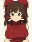  1girl animated animated_gif areolae bangs blush bouncing_breasts bow breasts brown_hair clothes_lift embarrassed eyebrows_visible_through_hair hair_bow hair_tubes hakurei_reimu large_breasts lifted_by_self nipples no_bra paburisiyasu red_sweater ribbed_sweater solo sweater sweater_lift touhou turtleneck turtleneck_sweater 