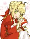  1girl ahoge akamakoto bangs blonde_hair blush braid breasts cleavage cleavage_cutout clothing_cutout dress epaulettes fate/extra fate_(series) french_braid green_eyes hair_between_eyes hair_bun hair_intakes heart heart-shaped_pupils juliet_sleeves large_breasts long_hair long_sleeves nero_claudius_(fate) nero_claudius_(fate)_(all) open_mouth puffy_sleeves red_dress stuffed_toy symbol-shaped_pupils 