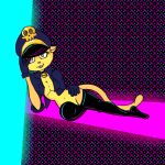  1:1 :3 animated anthro bottomless clothed clothing domestic_cat eyelashes felid feline felis female fenrik_(artist) lilly_(vimhomeless) looking_at_viewer lying mammal short_playtime solo yellow_body yellow_eyes 