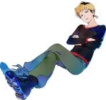  1boy airborne black_footwear black_shirt blonde_hair blue_footwear boots brown_hair collarbone crossed_arms crossed_legs digimon digimon_survive earrings green_pants grey_eyes jewelry looking_at_viewer multicolored_hair official_art open_mouth pants red_shirt shinonome_kaito shiny shiny_clothes shiny_footwear shirt short_ponytail squinting teeth transparent_background two-tone_footwear two-tone_hair two-tone_shirt ukumo_uichi 
