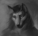  2020 anthro canid canine canis digital_media_(artwork) dimonis fur hair hi_res male mammal monochrome nude open_eye signature simple_background smile solo wind wolf 