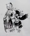  2girls :3 absurdres blush closed_eyes duplicate geta hat highres inubashiri_momiji kneeling monochrome multiple_girls sendai_(nazonomono) shameimaru_aya short_hair standing sword tail tail_hug tengu-geta tokin_hat touhou traditional_media weapon wings 