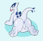  3_toes anthro anus backsack balls birdvian butt feet genitals hi_res legendary_pok&eacute;mon looking_back lugia male nintendo pok&eacute;mon pok&eacute;mon_(species) pok&eacute;morph simple_background soles solo toes tongue tongue_out video_games 