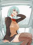  1girl :d aqua_hair bow bowtie brown_jacket brown_legwear brown_skirt cardigan commentary_request eyebrows_visible_through_hair ferris_wheel_interior grey_eyes hair_ornament hairclip hand_in_hair highres jacket kantai_collection long_hair looking_at_viewer open_clothes open_jacket open_mouth pleated_skirt red_neckwear remodel_(kantai_collection) school_uniform sitting skirt smile solo suzuya_(kantai_collection) thighhighs yamaioni_(sasakama) 