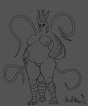  3_legs absurd_res anthro avian awful_lad beak belly big_belly big_breasts big_ears bird breasts female genitals hi_res horn monochrome nude owl pregnant pussy scp-2703 scp_foundation slightly_chubby smile solo talons tentacles thick_thighs wide_hips winged_arms wings 